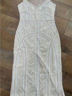 Lulu's Ivory Beaded Floral Spaghetti-Strap Midi Dress